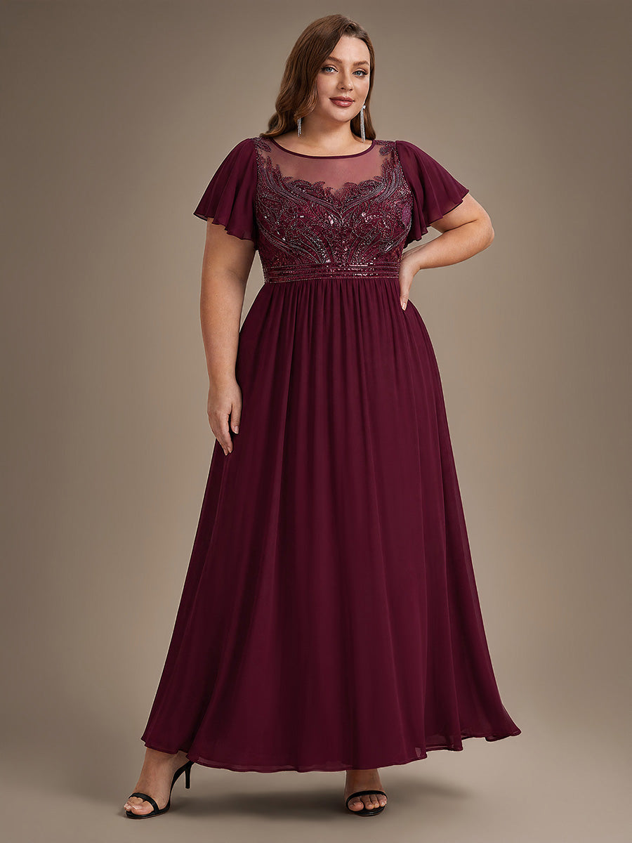 robe maxi à manches courtes en sequins avec volants et col rond #Couleur_Bordeaux