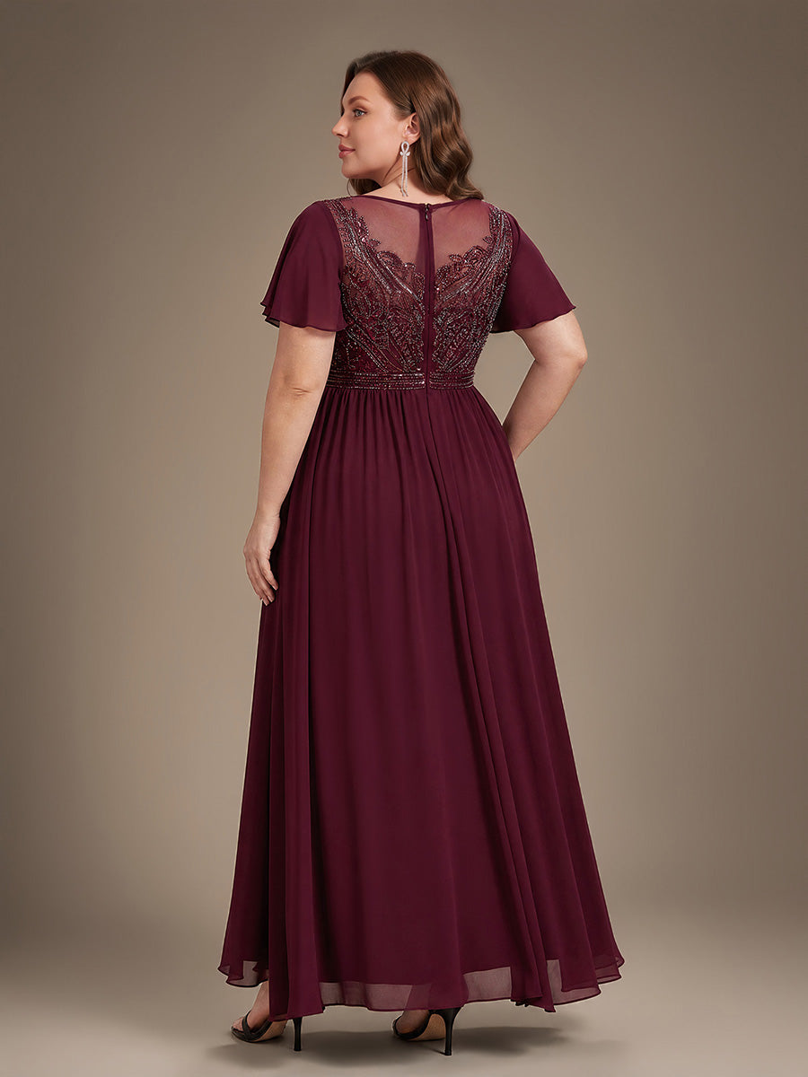 robe maxi à manches courtes en sequins avec volants et col rond #Couleur_Bordeaux