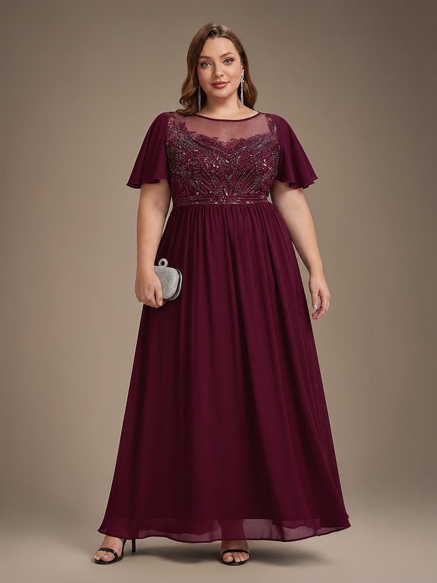 robe maxi à manches courtes en sequins avec volants et col rond #Couleur_Bordeaux