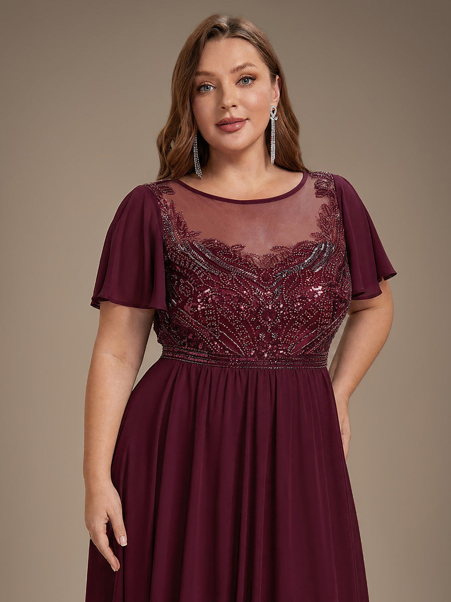 robe maxi à manches courtes en sequins avec volants et col rond #Couleur_Bordeaux