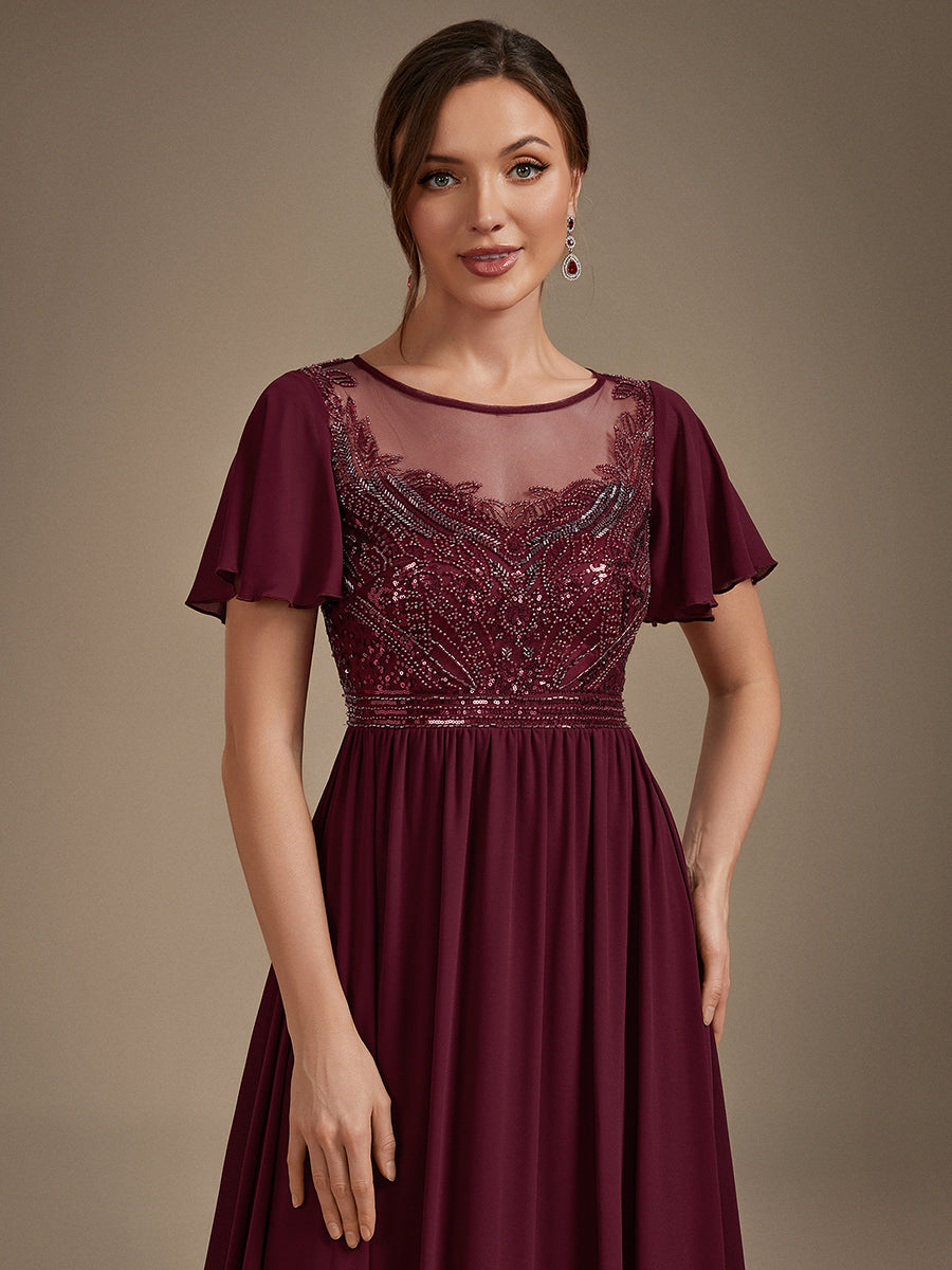 robe maxi à manches courtes en sequins avec volants et col rond #Couleur_Bordeaux
