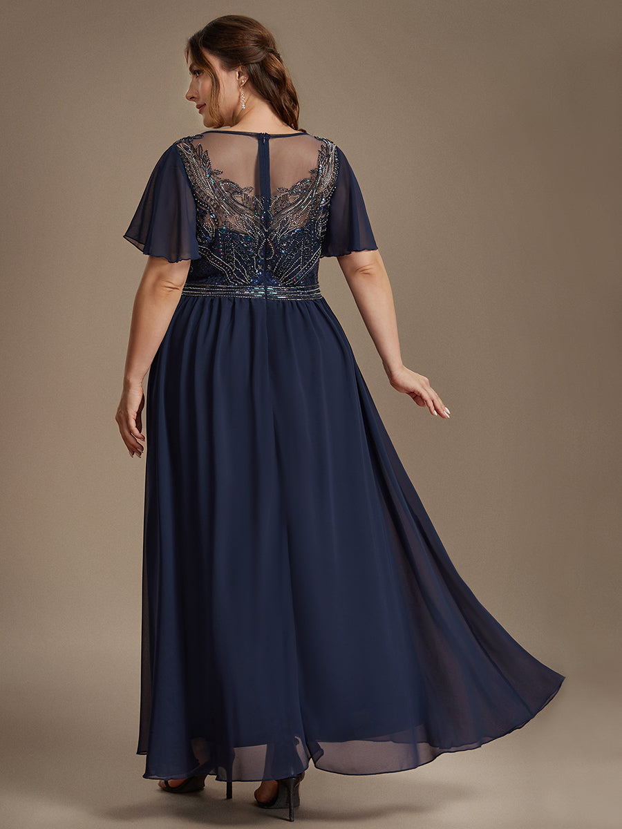robe maxi à manches courtes en sequins avec volants et col rond #Couleur_Bleu Marine