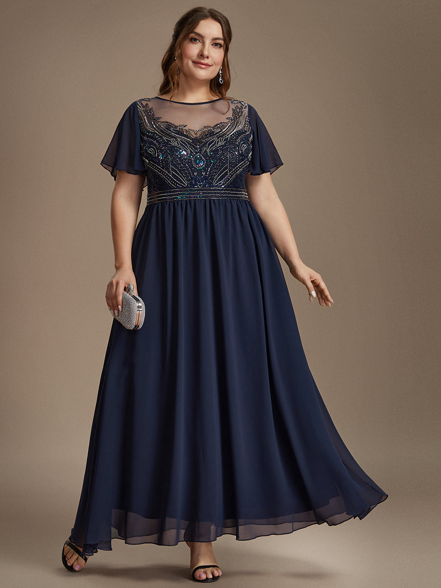 robe maxi à manches courtes en sequins avec volants et col rond #Couleur_Bleu Marine