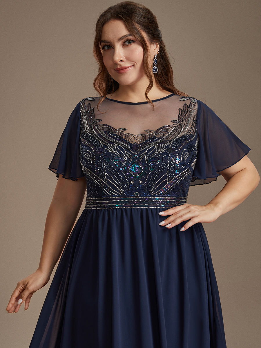 robe maxi à manches courtes en sequins avec volants et col rond #Couleur_Bleu Marine