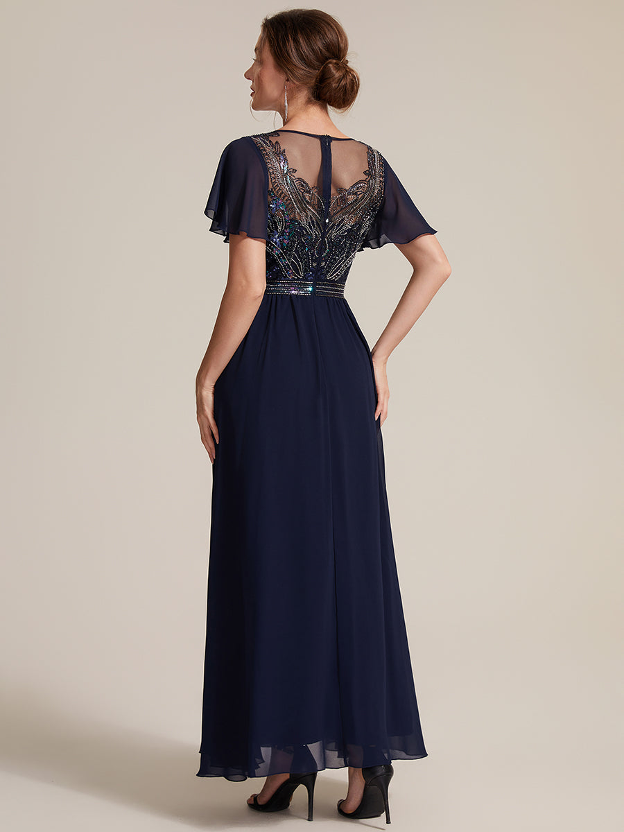 robe maxi à manches courtes en sequins avec volants et col rond #Couleur_Bleu Marine