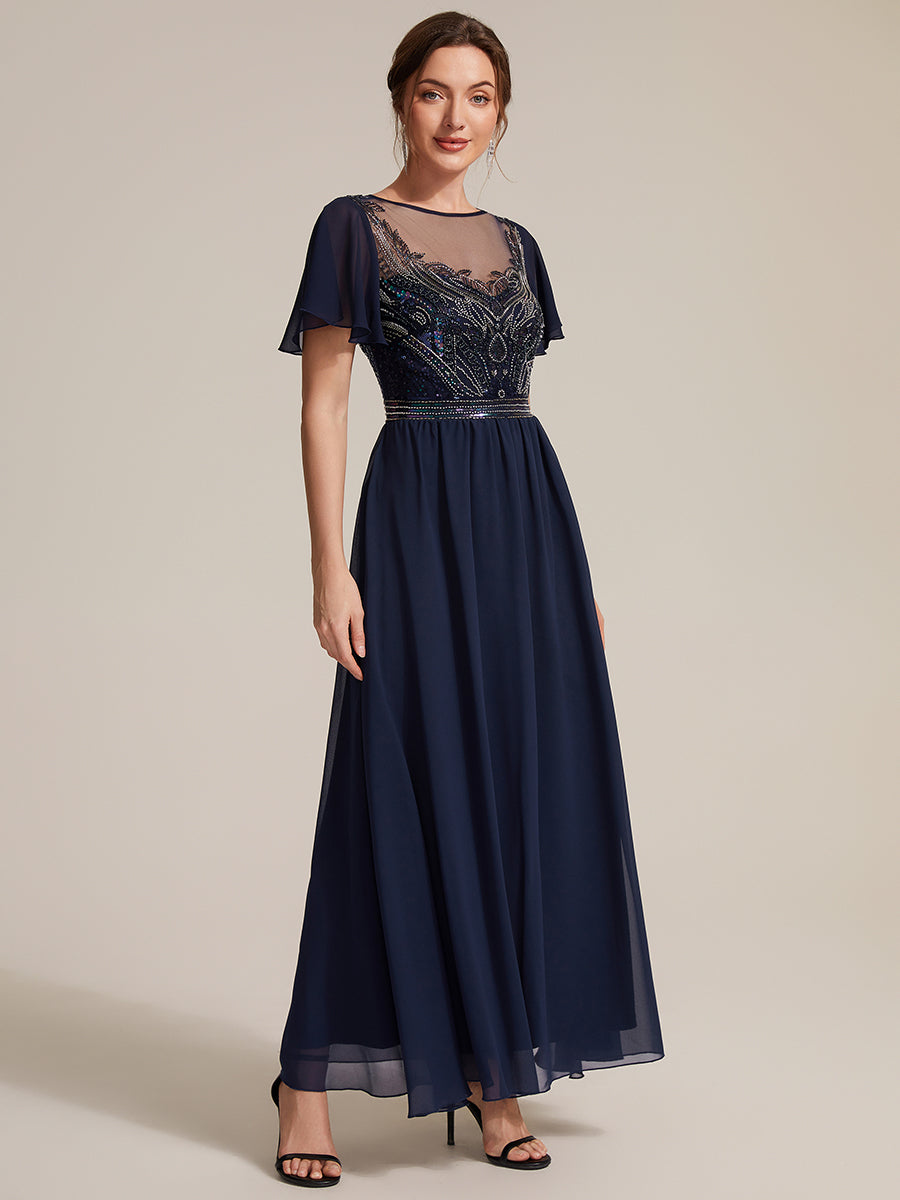 robe maxi à manches courtes en sequins avec volants et col rond #Couleur_Bleu Marine