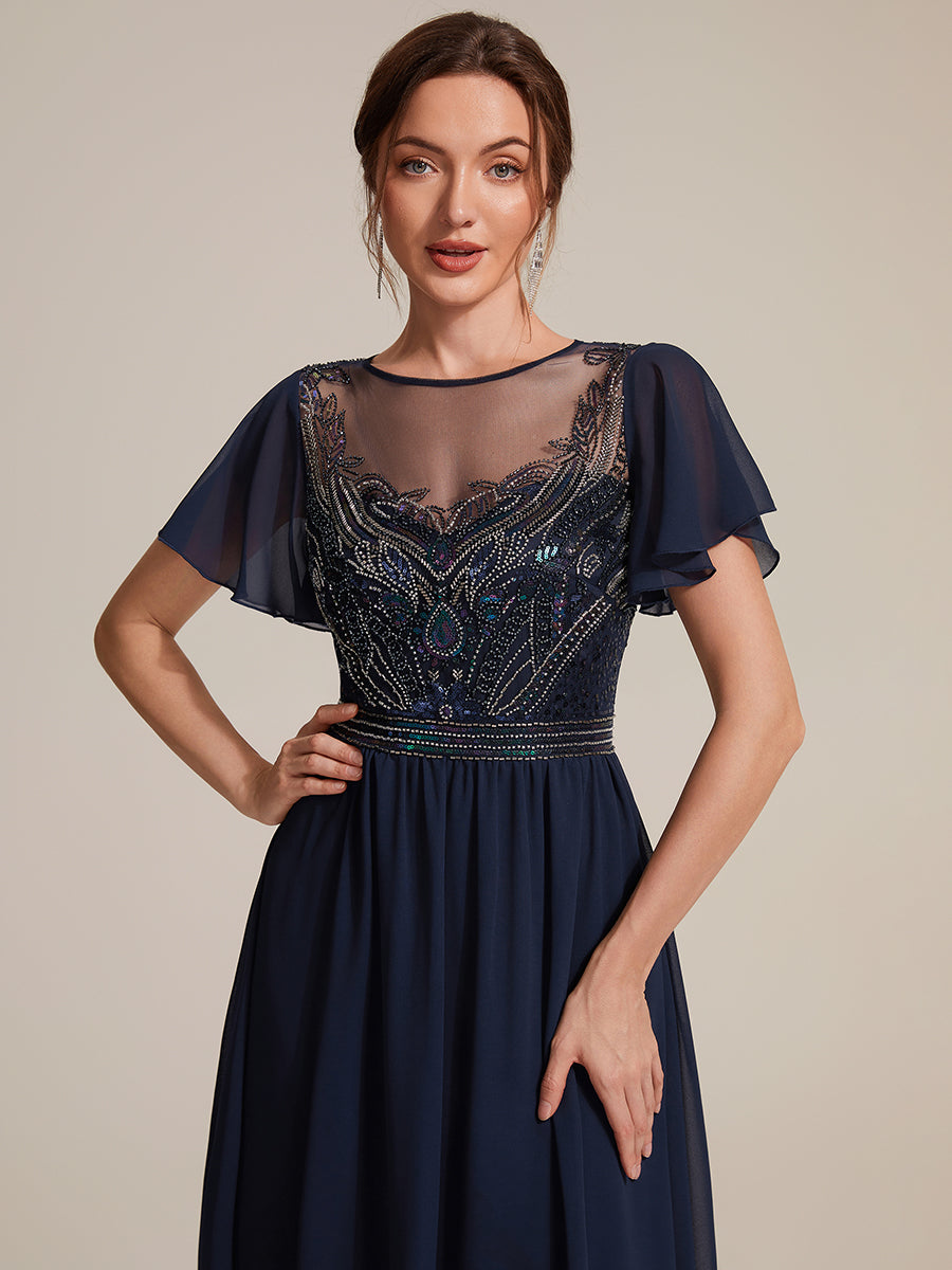 robe maxi à manches courtes en sequins avec volants et col rond #Couleur_Bleu Marine