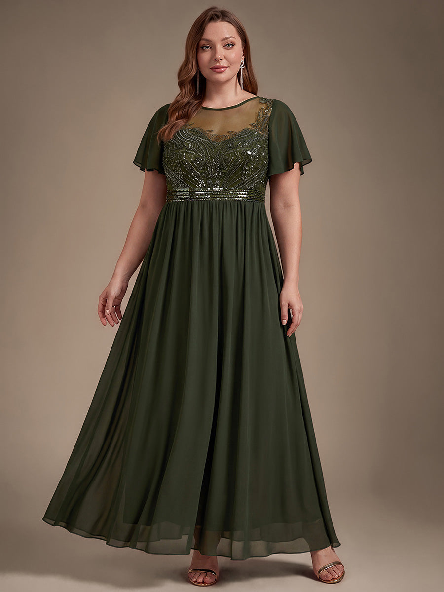 robe maxi à manches courtes en sequins avec volants et col rond #Couleur_Vert Olive