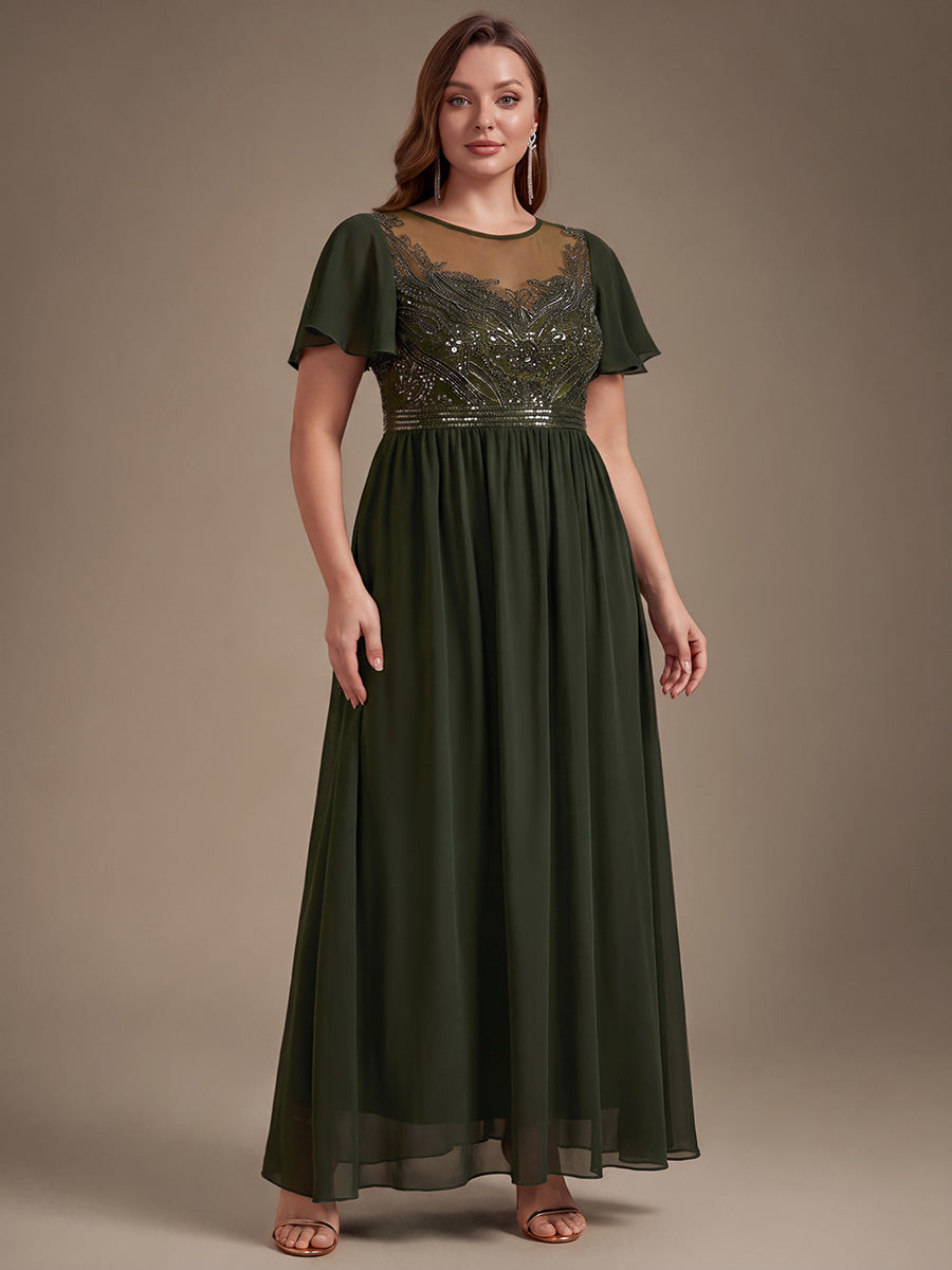 robe maxi à manches courtes en sequins avec volants et col rond #Couleur_Vert Olive