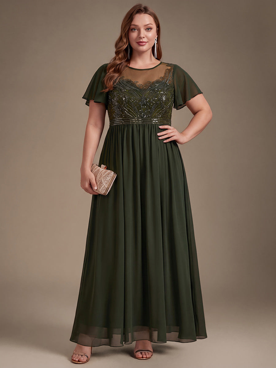 robe maxi à manches courtes en sequins avec volants et col rond #Couleur_Vert Olive