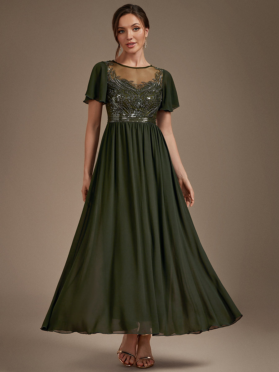 robe maxi à manches courtes en sequins avec volants et col rond #Couleur_Vert Olive
