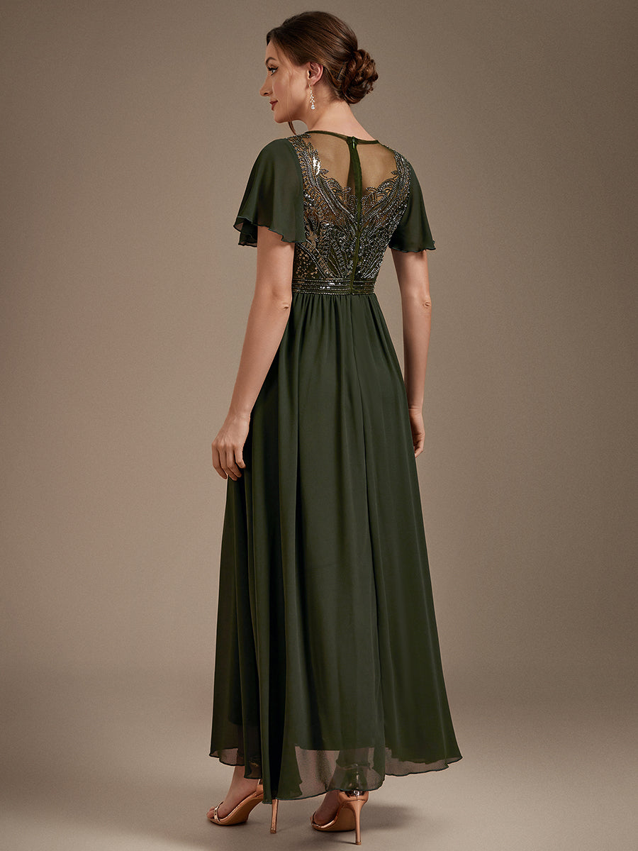 robe maxi à manches courtes en sequins avec volants et col rond #Couleur_Vert Olive