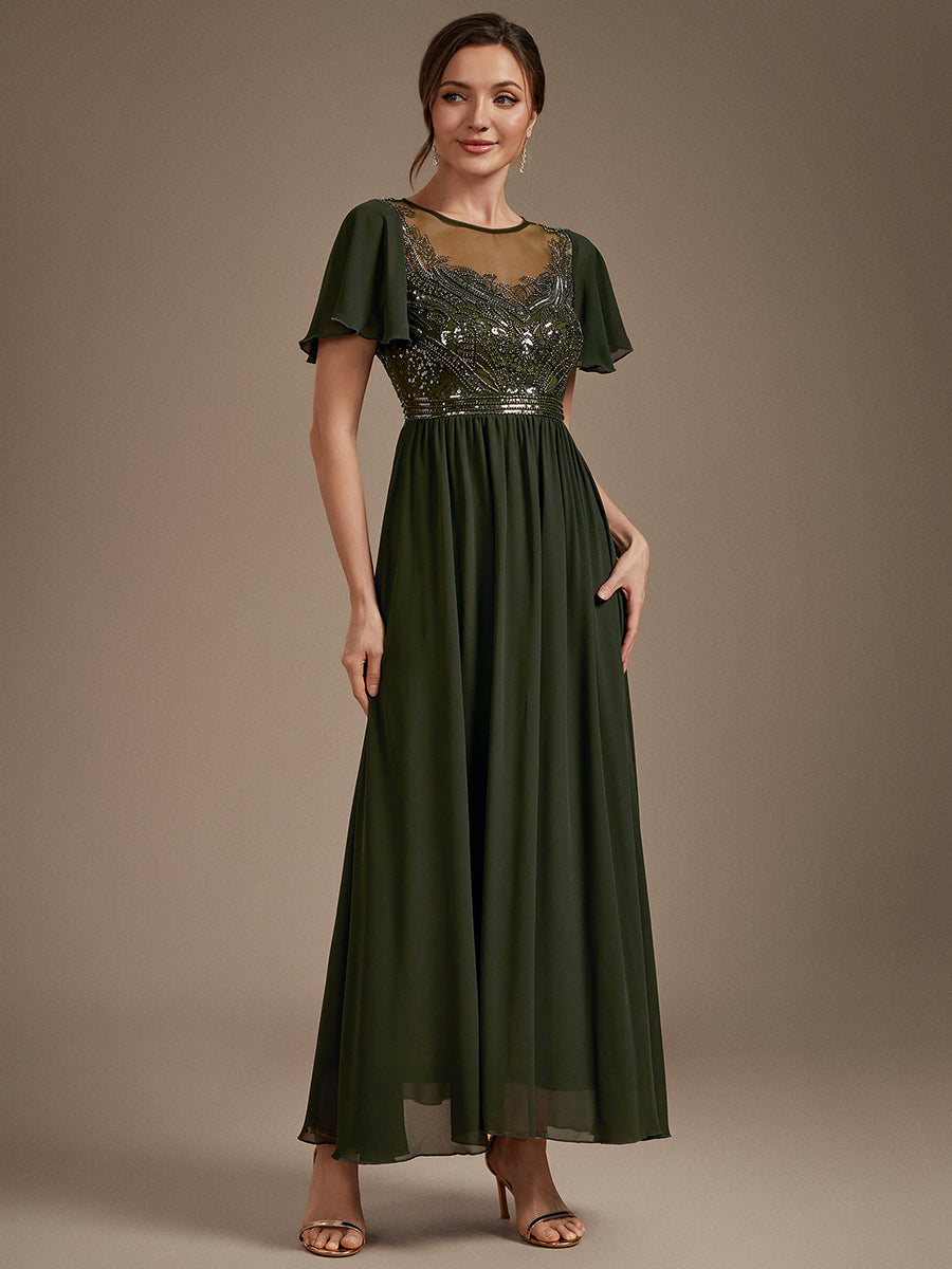 robe maxi à manches courtes en sequins avec volants et col rond #Couleur_Vert Olive
