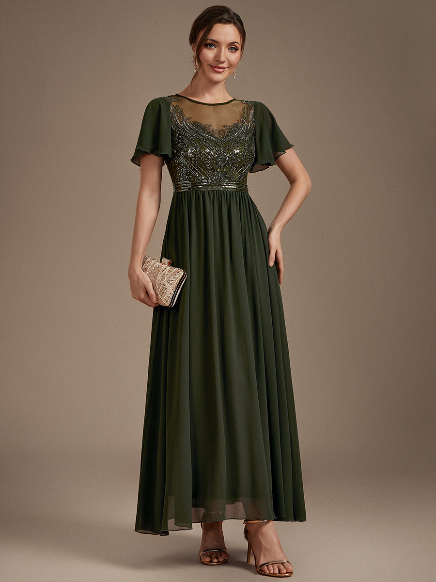 robe maxi à manches courtes en sequins avec volants et col rond #Couleur_Vert Olive