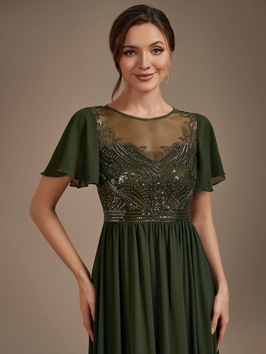 robe maxi à manches courtes en sequins avec volants et col rond #Couleur_Vert Olive