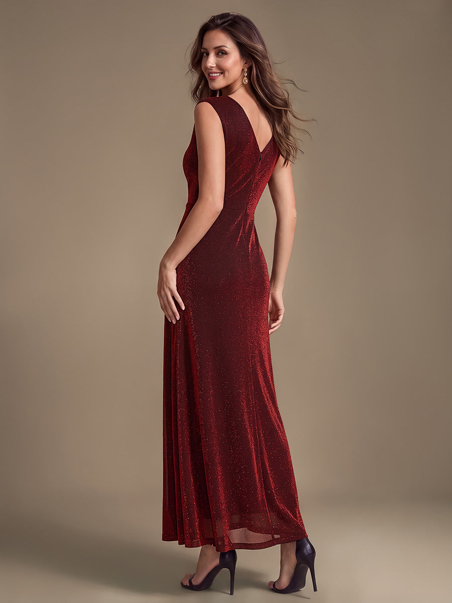 Robe maxi sans manches d¨¦collet¨¦e en V avec d¨¦tail de n?ud et fente #Couleur_Bordeaux
