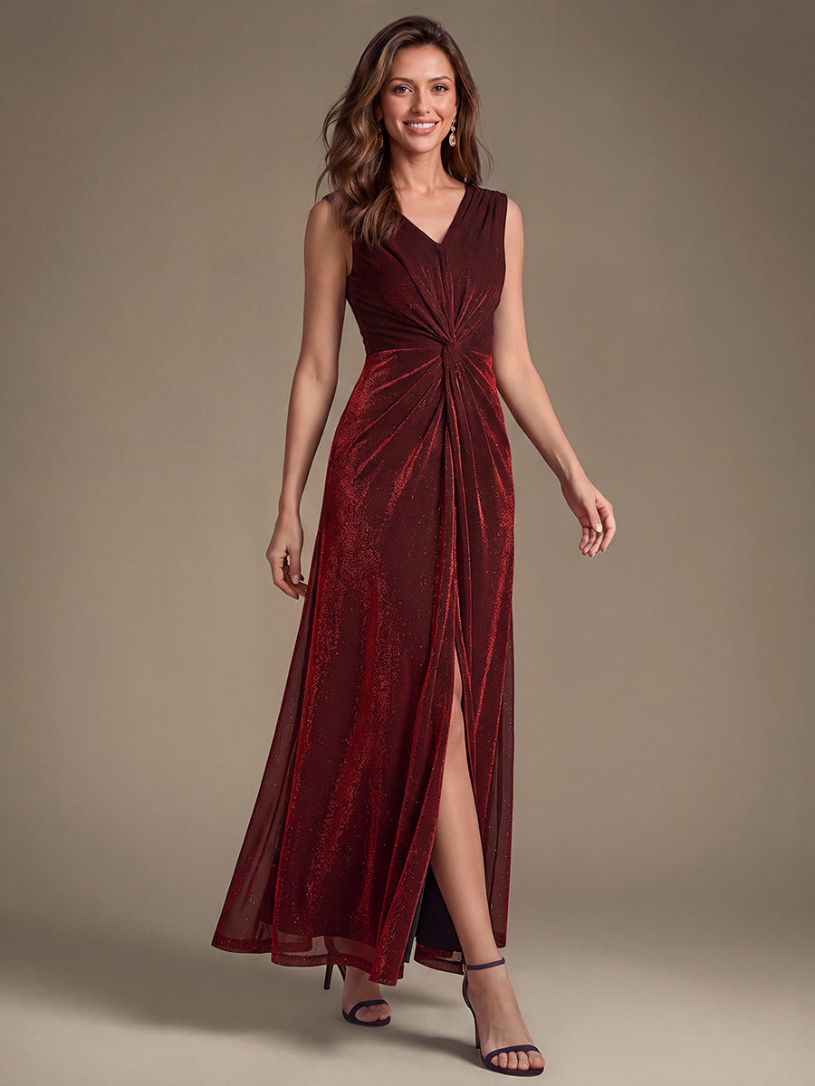 Robe maxi sans manches d¨¦collet¨¦e en V avec d¨¦tail de n?ud et fente #Couleur_Bordeaux