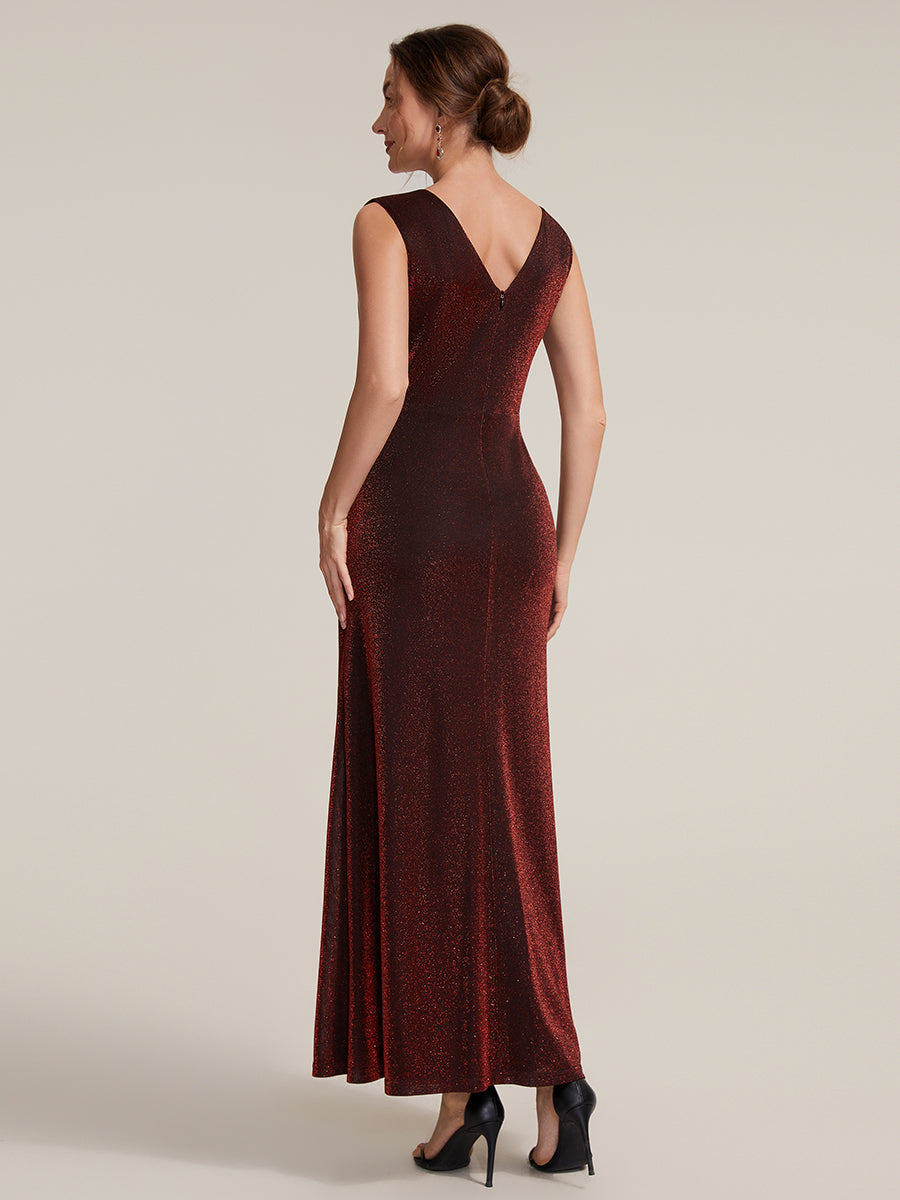 Robe maxi sans manches d¨¦collet¨¦e en V avec d¨¦tail de n?ud et fente #Couleur_Bordeaux