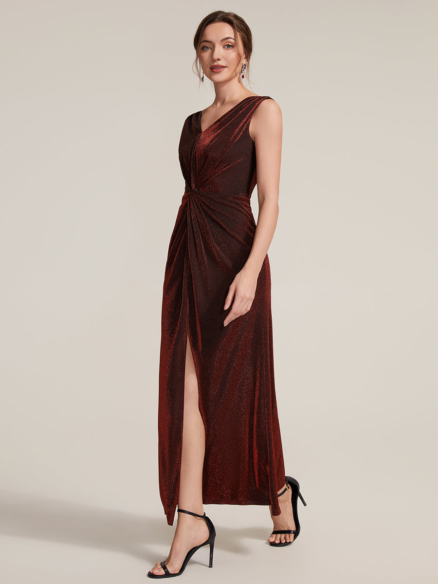 Robe maxi sans manches d¨¦collet¨¦e en V avec d¨¦tail de n?ud et fente #Couleur_Bordeaux