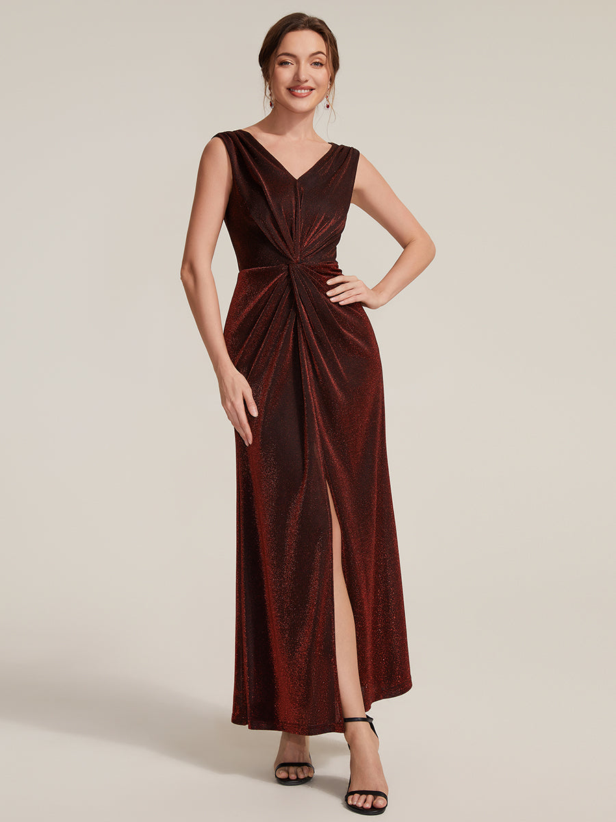 Robe maxi sans manches d¨¦collet¨¦e en V avec d¨¦tail de n?ud et fente #Couleur_Bordeaux