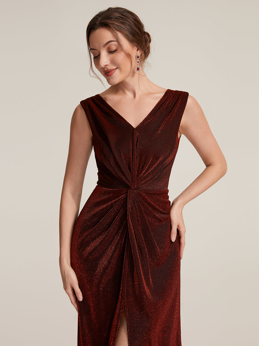 Robe maxi sans manches d¨¦collet¨¦e en V avec d¨¦tail de n?ud et fente #Couleur_Bordeaux
