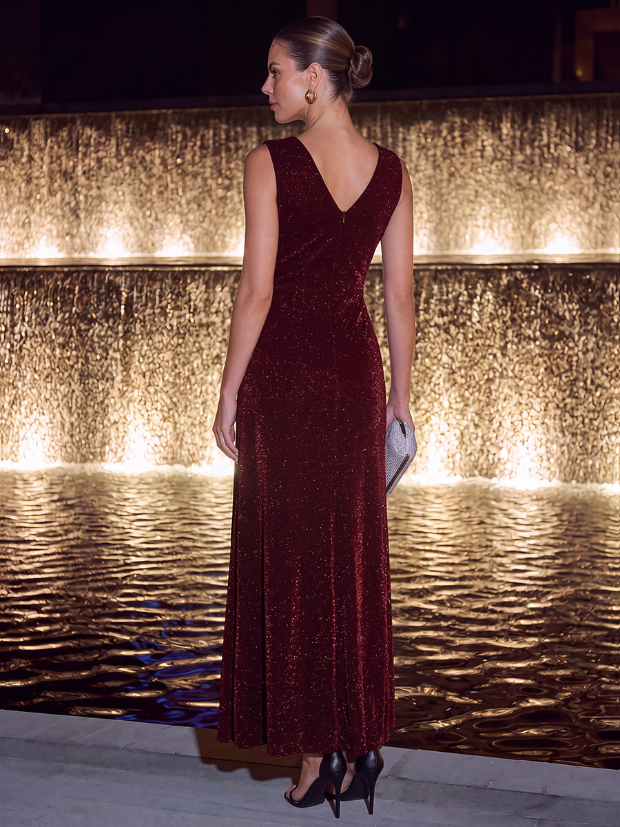 Robe maxi sans manches d¨¦collet¨¦e en V avec d¨¦tail de n?ud et fente #Couleur_Bordeaux