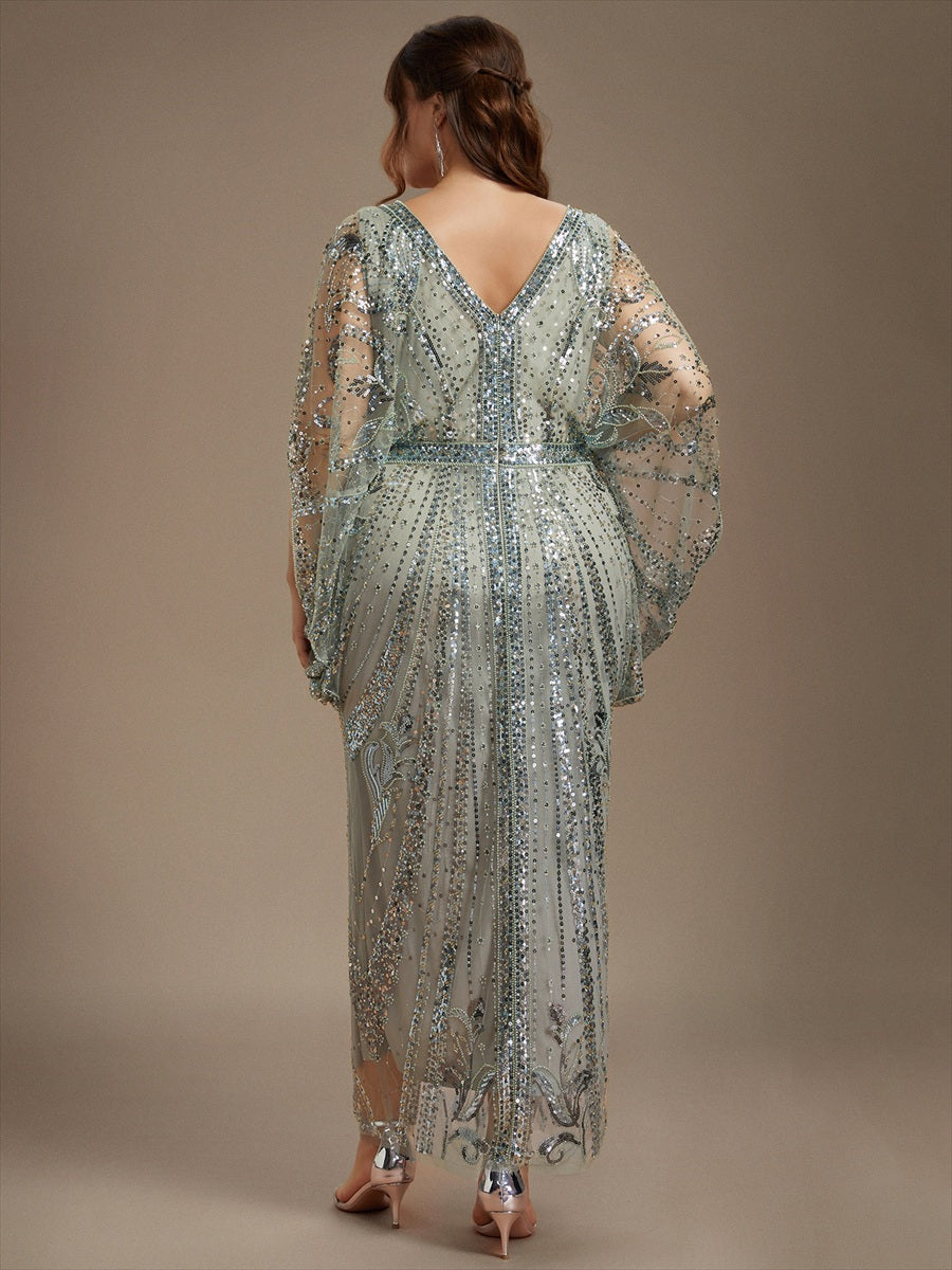 Robe moulante maxi à manches chauve-souris et col rond avec détails en perles transparentes #Couleur_Menthe Verte
