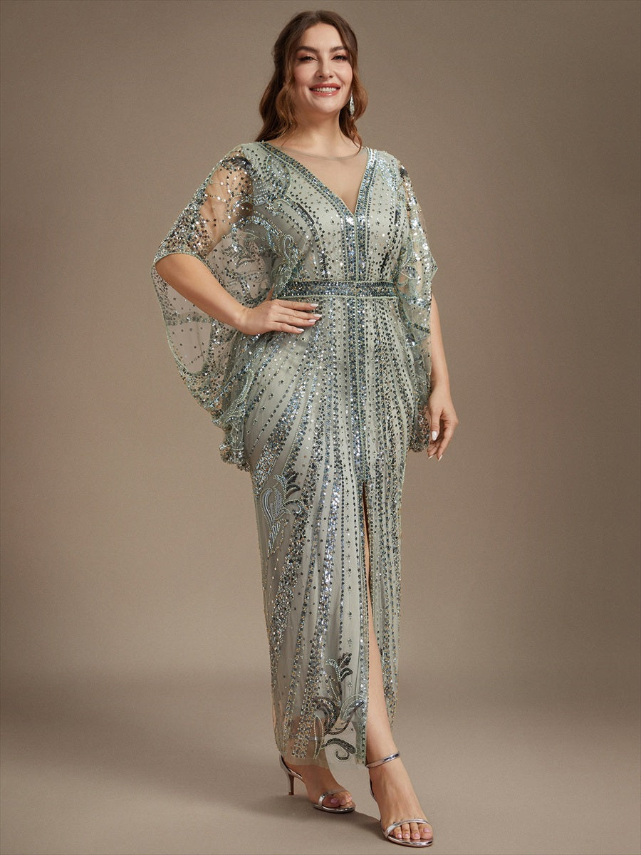 Robe moulante maxi à manches chauve-souris et col rond avec détails en perles transparentes #Couleur_Menthe Verte