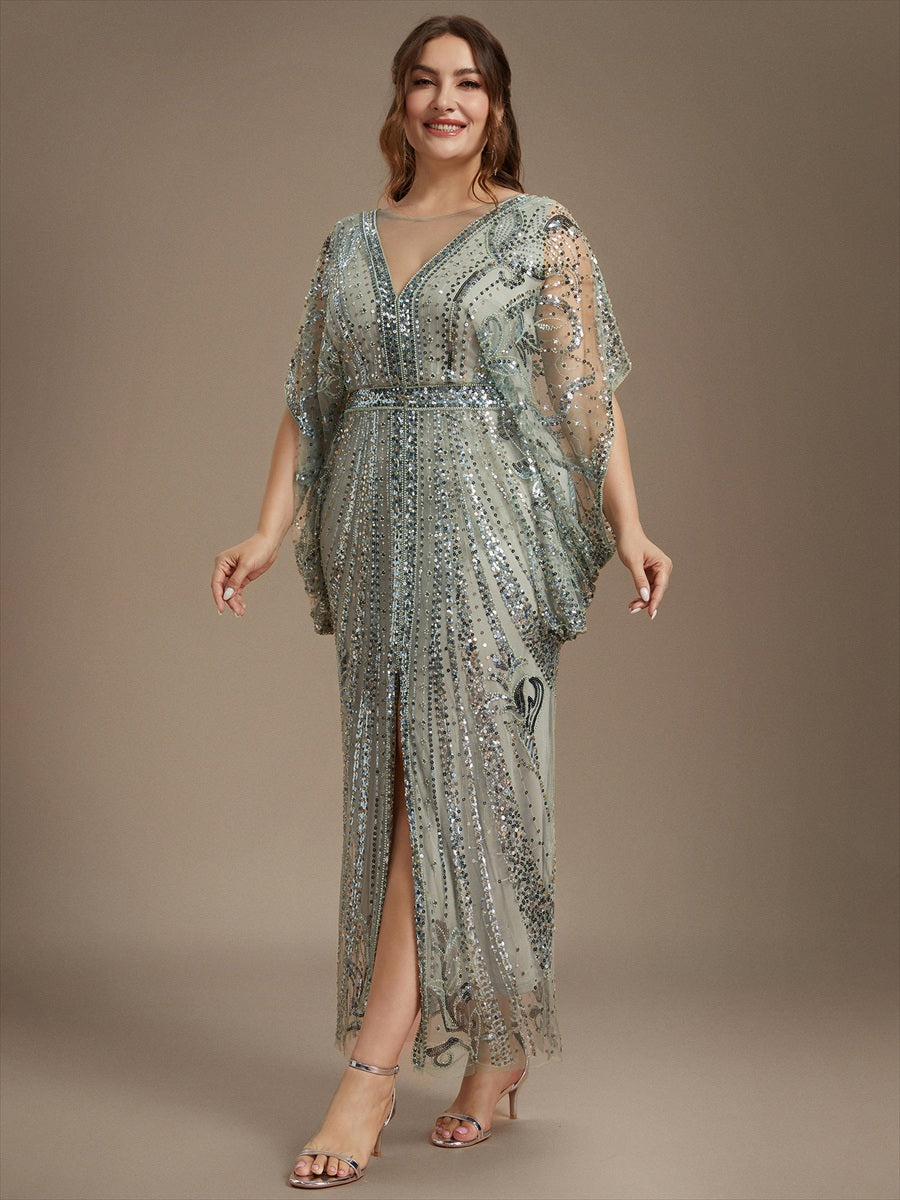 Robe moulante maxi à manches chauve-souris et col rond avec détails en perles transparentes #Couleur_Menthe Verte