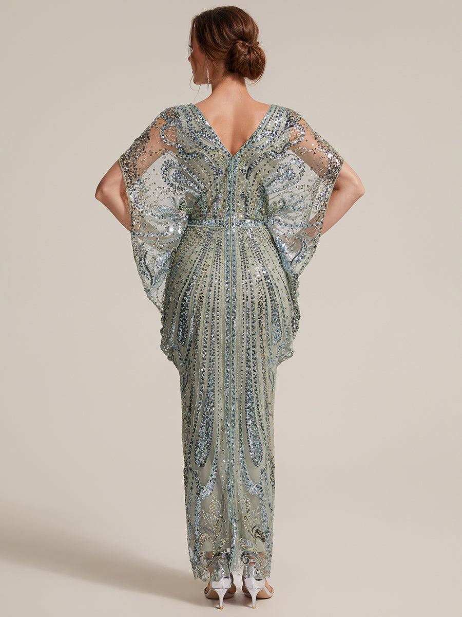 Robe moulante maxi à manches chauve-souris et col rond avec détails en perles transparentes #Couleur_Menthe Verte