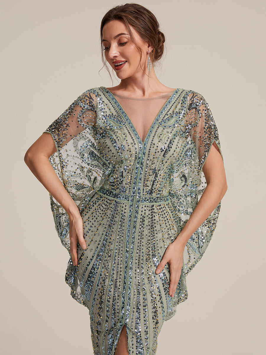 Robe moulante maxi à manches chauve-souris et col rond avec détails en perles transparentes #Couleur_Menthe Verte