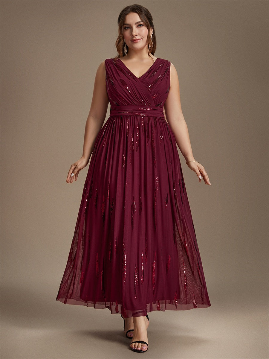 Robe A-Line sans manches en V maxi en sequins avec tissu extensible #Couleur_Bordeaux