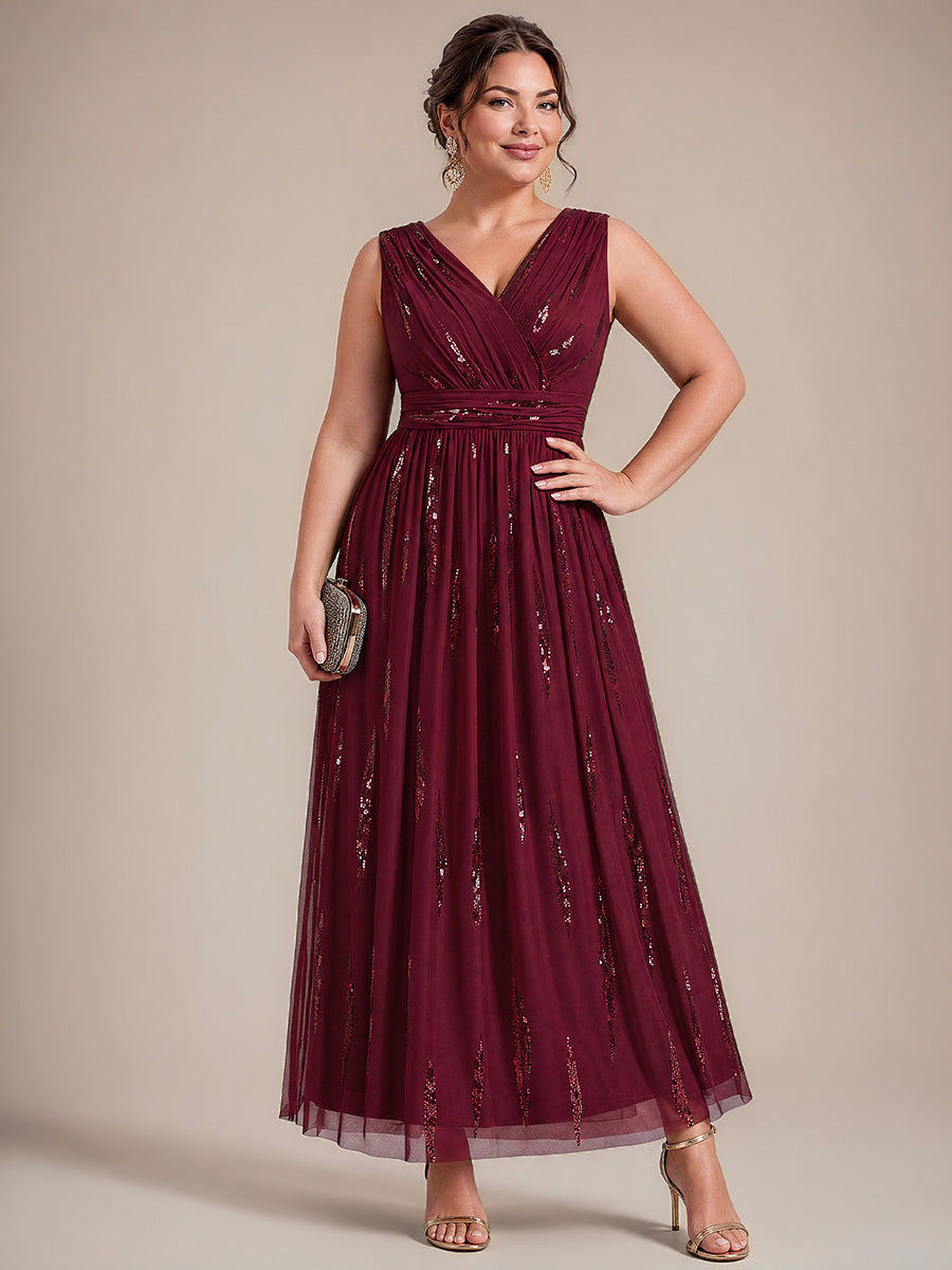 Robe A-Line sans manches en V maxi en sequins avec tissu extensible #Couleur_Bordeaux