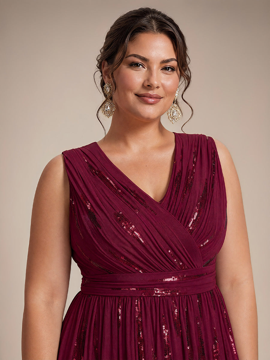 Robe A-Line sans manches en V maxi en sequins avec tissu extensible #Couleur_Bordeaux