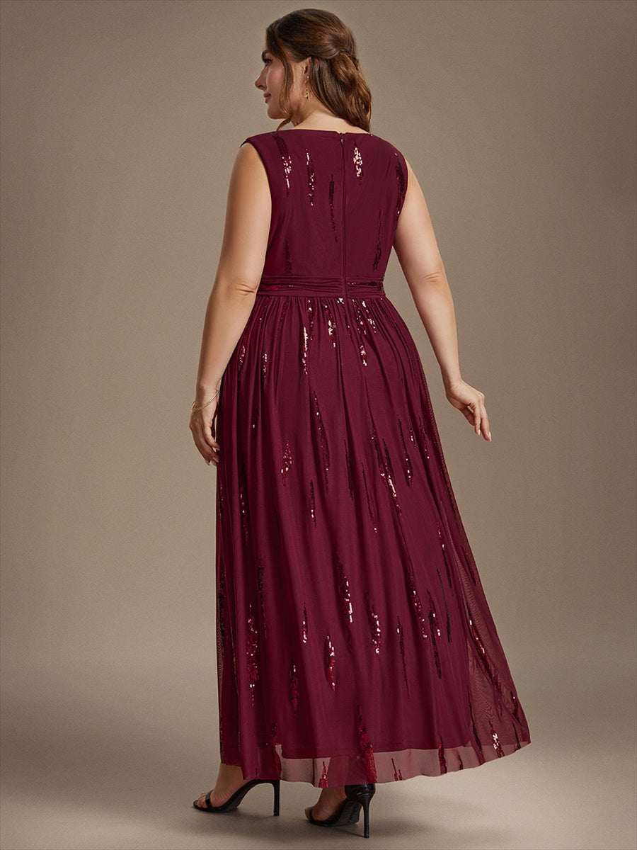 Robe A-Line sans manches en V maxi en sequins avec tissu extensible #Couleur_Bordeaux