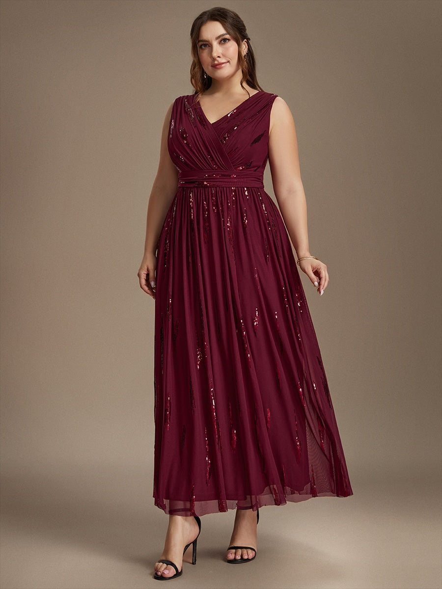 Robe A-Line sans manches en V maxi en sequins avec tissu extensible #Couleur_Bordeaux