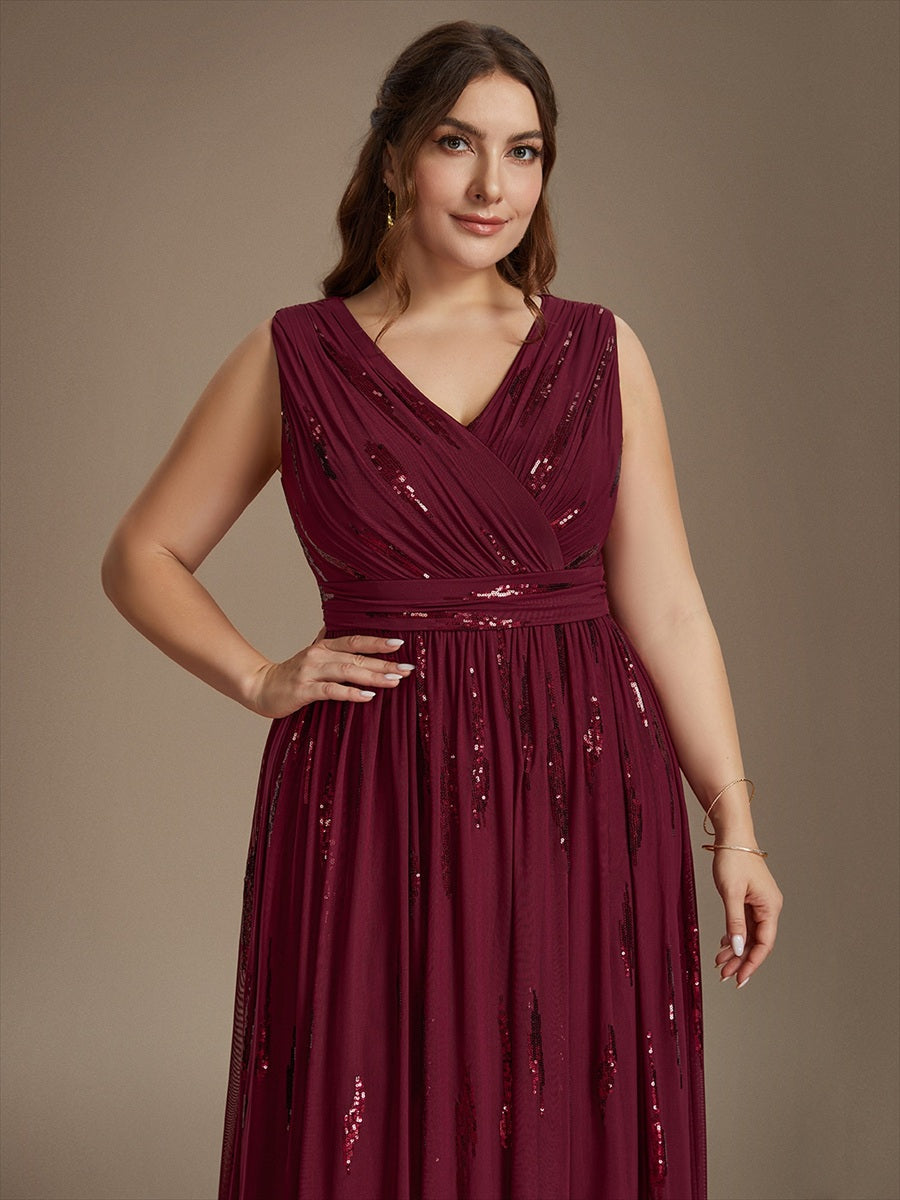Robe A-Line sans manches en V maxi en sequins avec tissu extensible #Couleur_Bordeaux