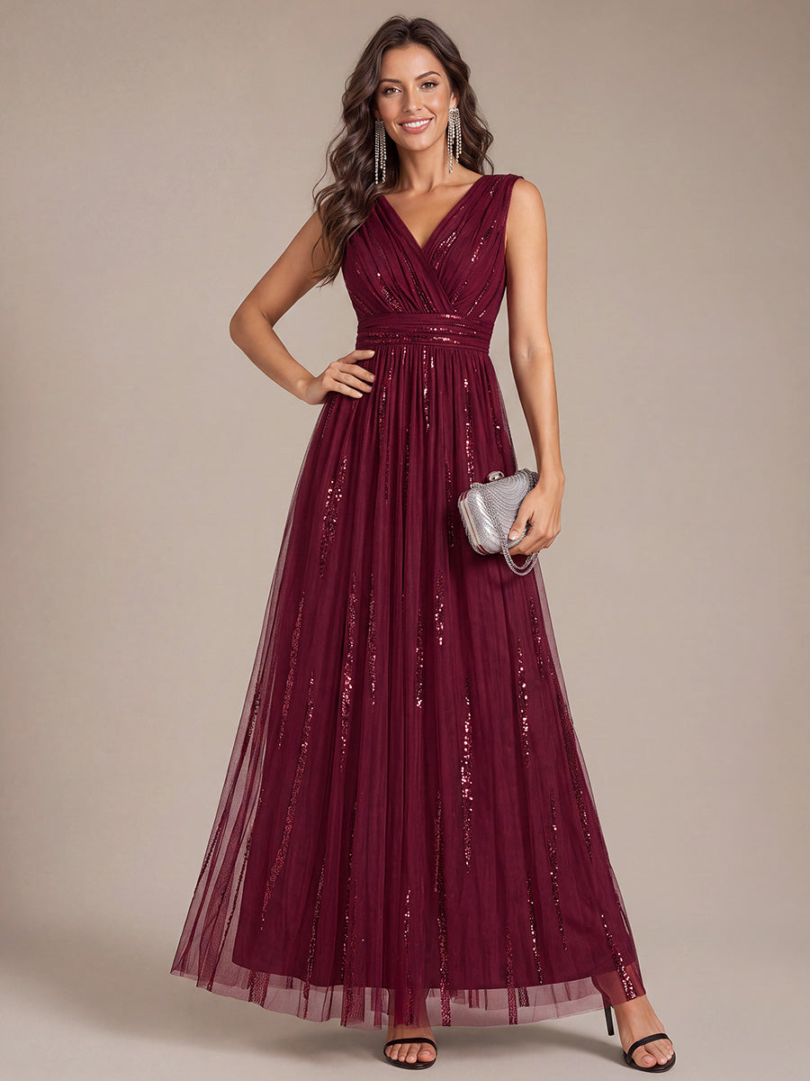 Robe A-Line sans manches en V maxi en sequins avec tissu extensible #Couleur_Bordeaux