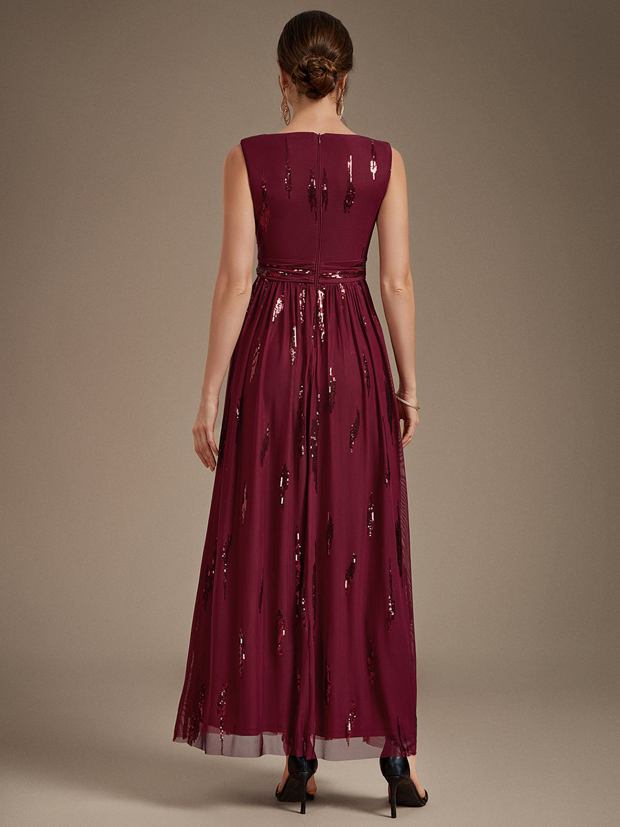 Robe A-Line sans manches en V maxi en sequins avec tissu extensible #Couleur_Bordeaux