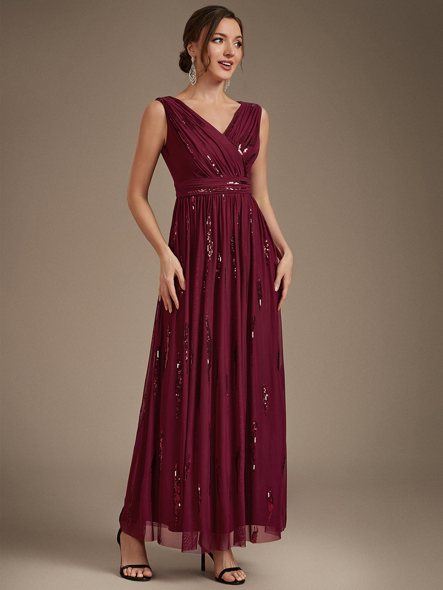 Robe A-Line sans manches en V maxi en sequins avec tissu extensible #Couleur_Bordeaux