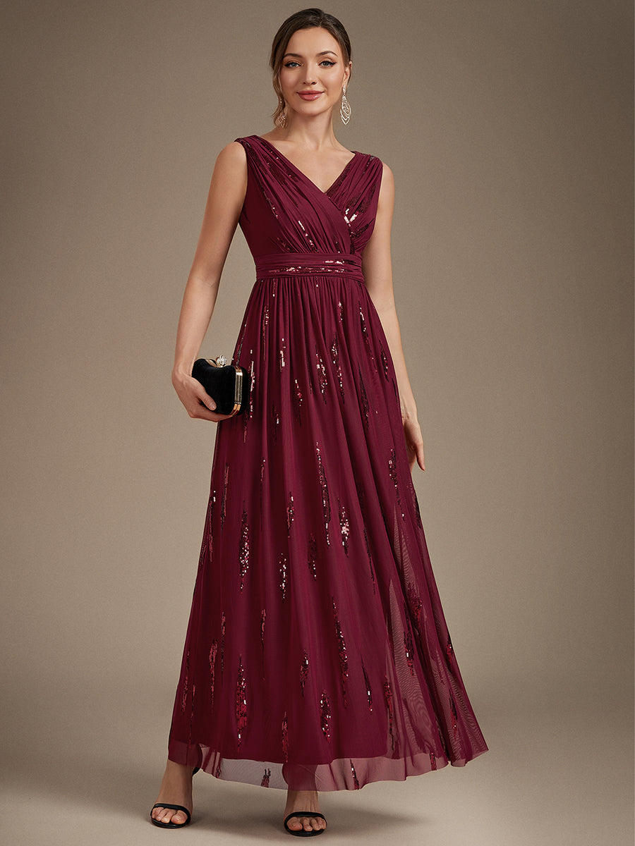 Robe A-Line sans manches en V maxi en sequins avec tissu extensible #Couleur_Bordeaux