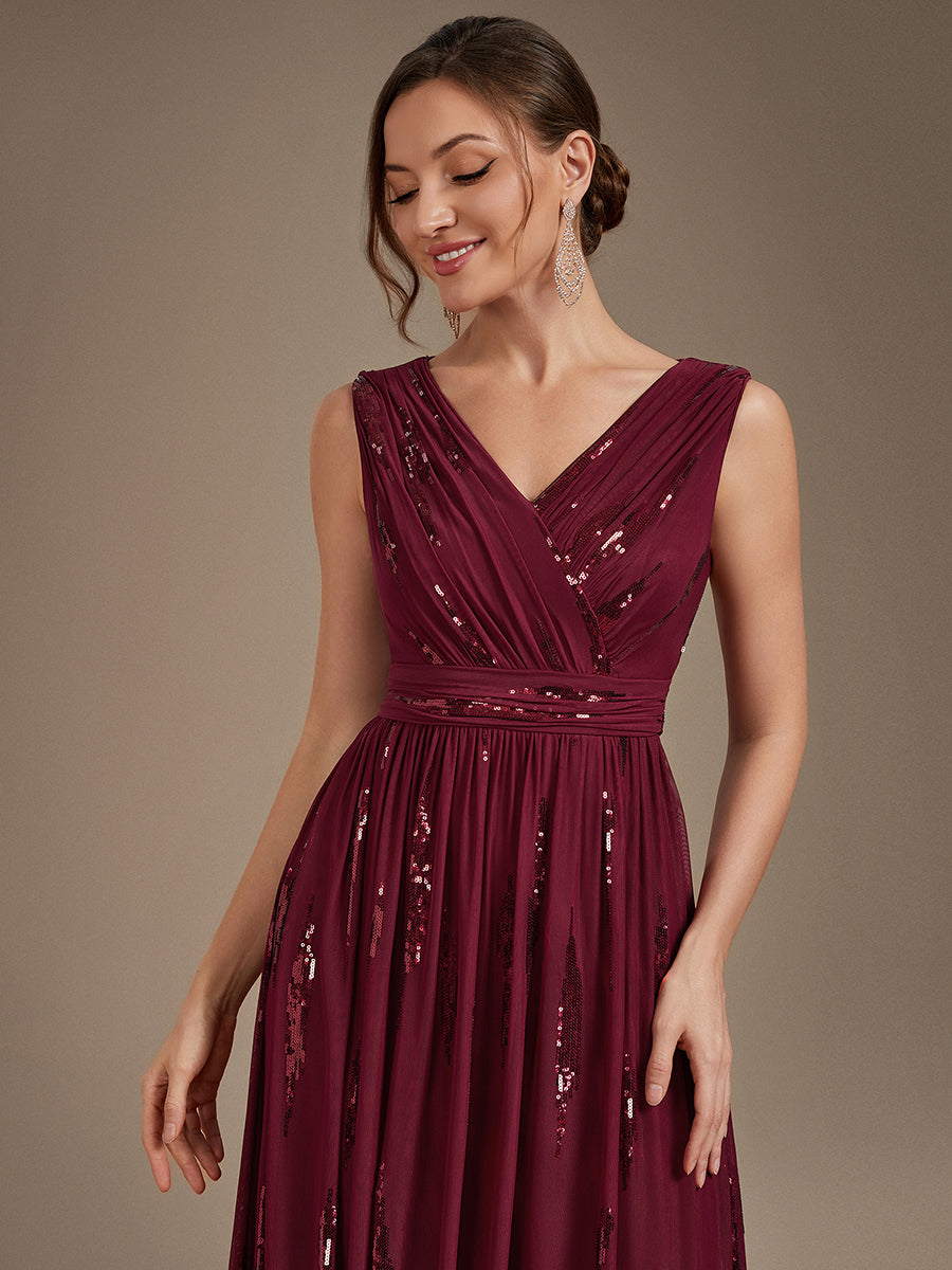 Robe A-Line sans manches en V maxi en sequins avec tissu extensible #Couleur_Bordeaux
