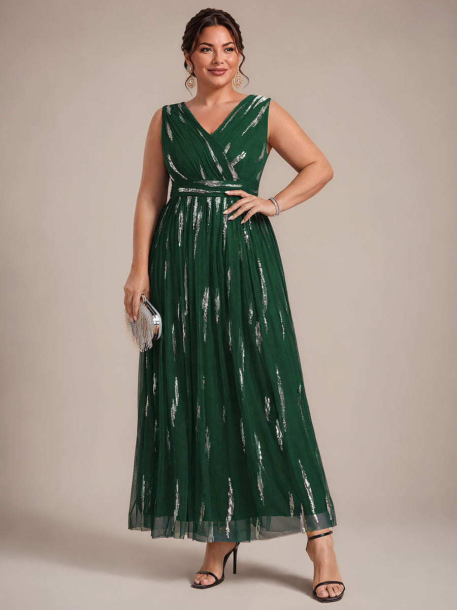 Robe A-Line sans manches en V maxi en sequins avec tissu extensible #Couleur_Vert Fonce