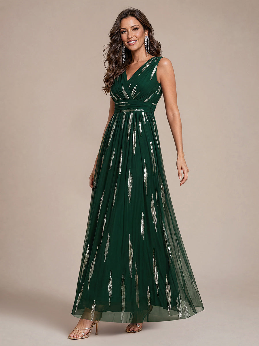 Robe A-Line sans manches en V maxi en sequins avec tissu extensible #Couleur_Vert Fonce