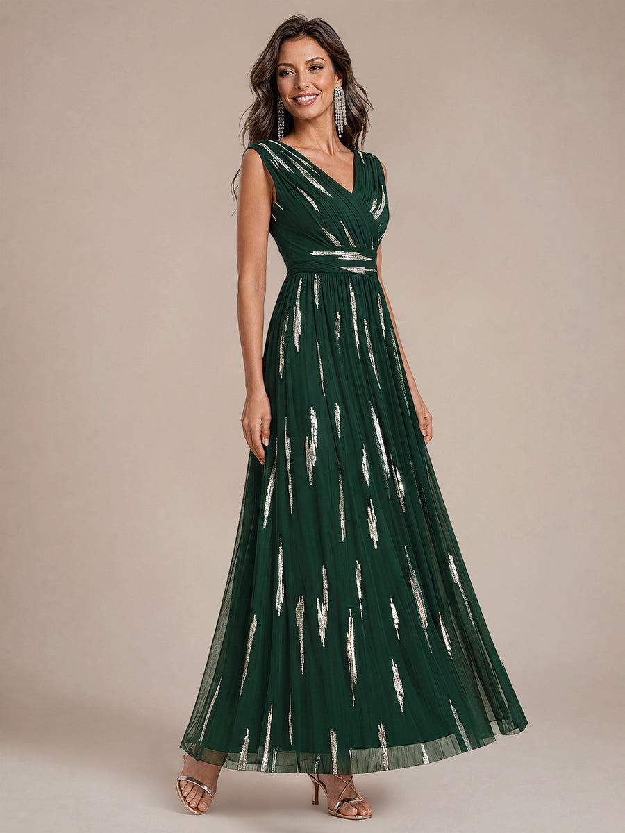 Robe A-Line sans manches en V maxi en sequins avec tissu extensible #Couleur_Vert Fonce