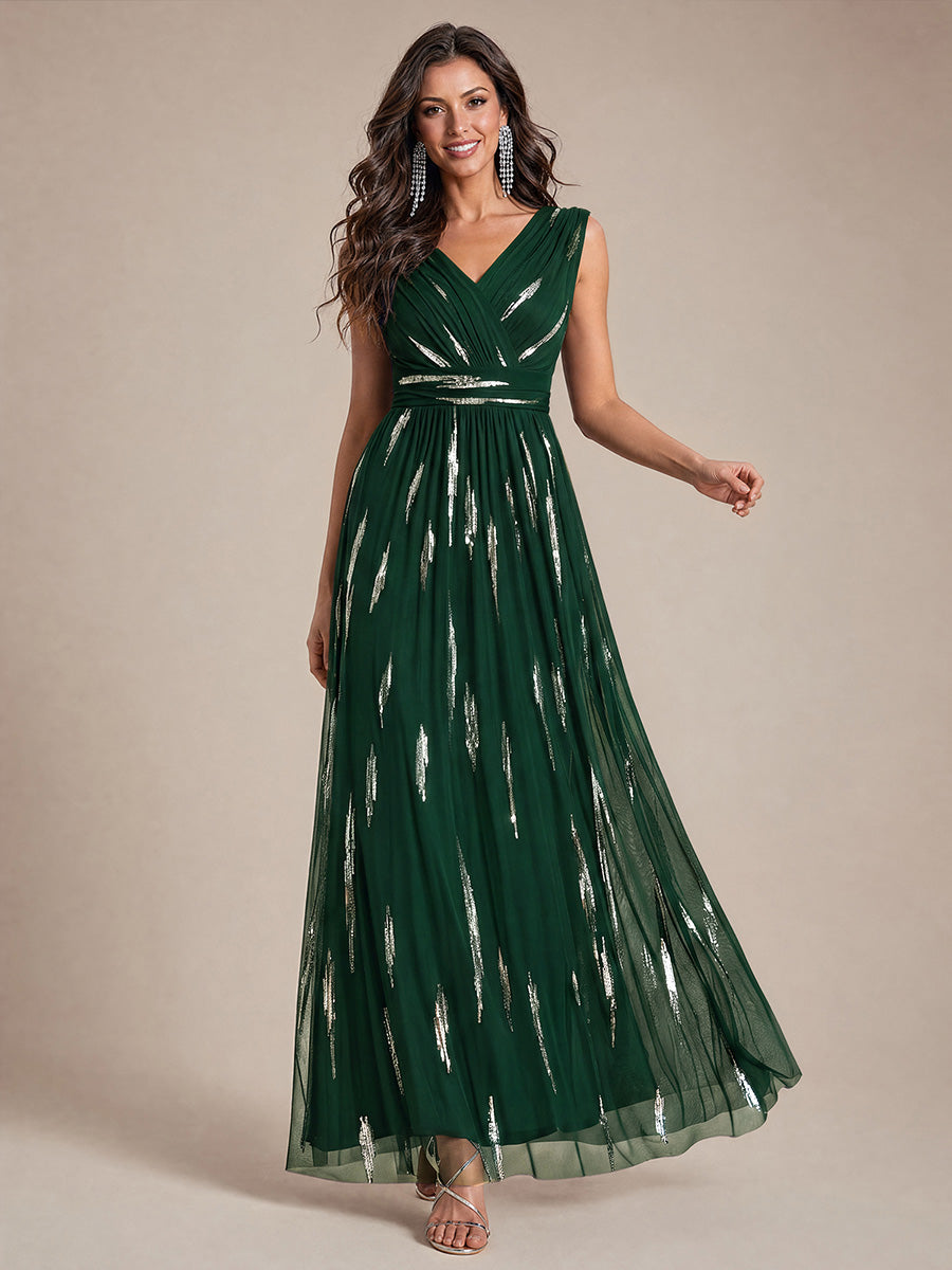 Robe A-Line sans manches en V maxi en sequins avec tissu extensible #Couleur_Vert Fonce