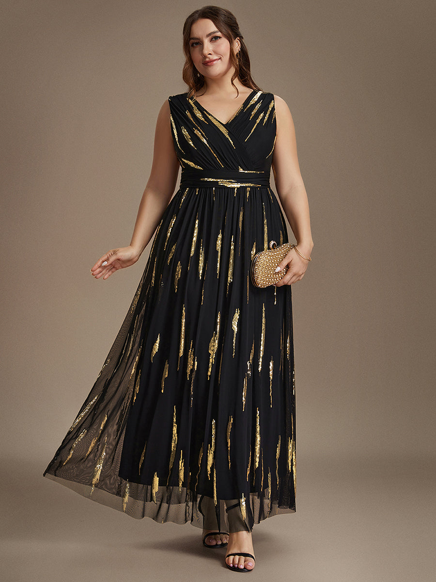 Robe A-Line sans manches en V maxi en sequins avec tissu extensible #Couleur_Noir & Or