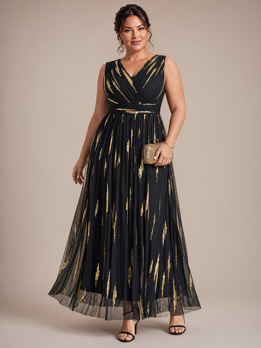 Robe A-Line sans manches en V maxi en sequins avec tissu extensible #Couleur_Noir / Or métallique