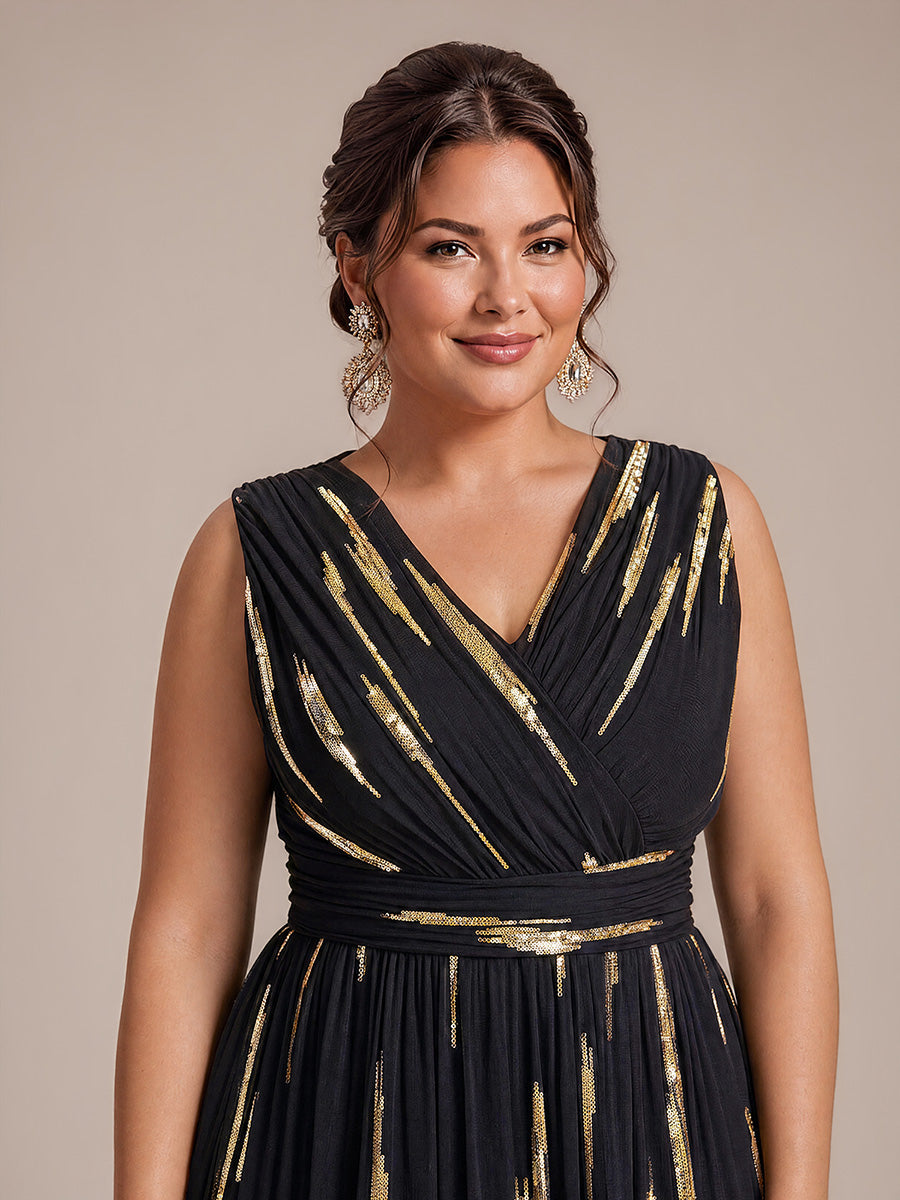 Robe A-Line sans manches en V maxi en sequins avec tissu extensible #Couleur_Noir / Or métallique
