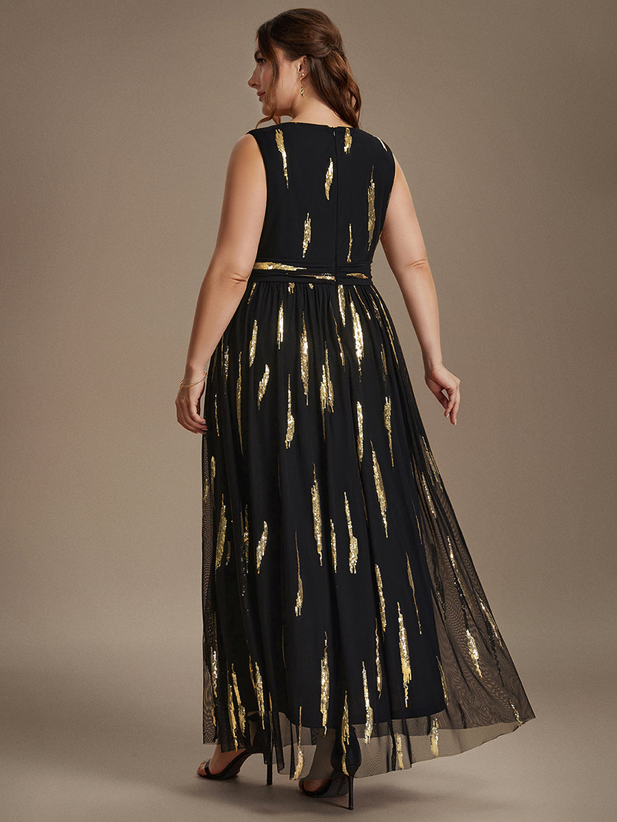 Robe A-Line sans manches en V maxi en sequins avec tissu extensible #Couleur_Noir & Or